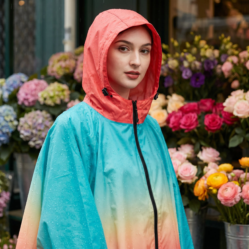 Poncho de pluie à capuche dégradé ciel et corail, gros plan sur une femme le portant, avec des fleurs en arrière-plan.
