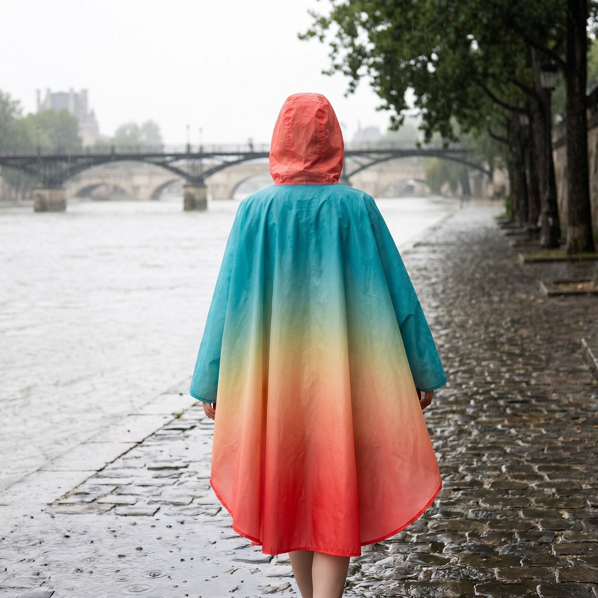 Poncho de pluie à capuche dégradé ciel et corail, porté par une femme marchant de dos le long d'une rivière, sous la pluie.