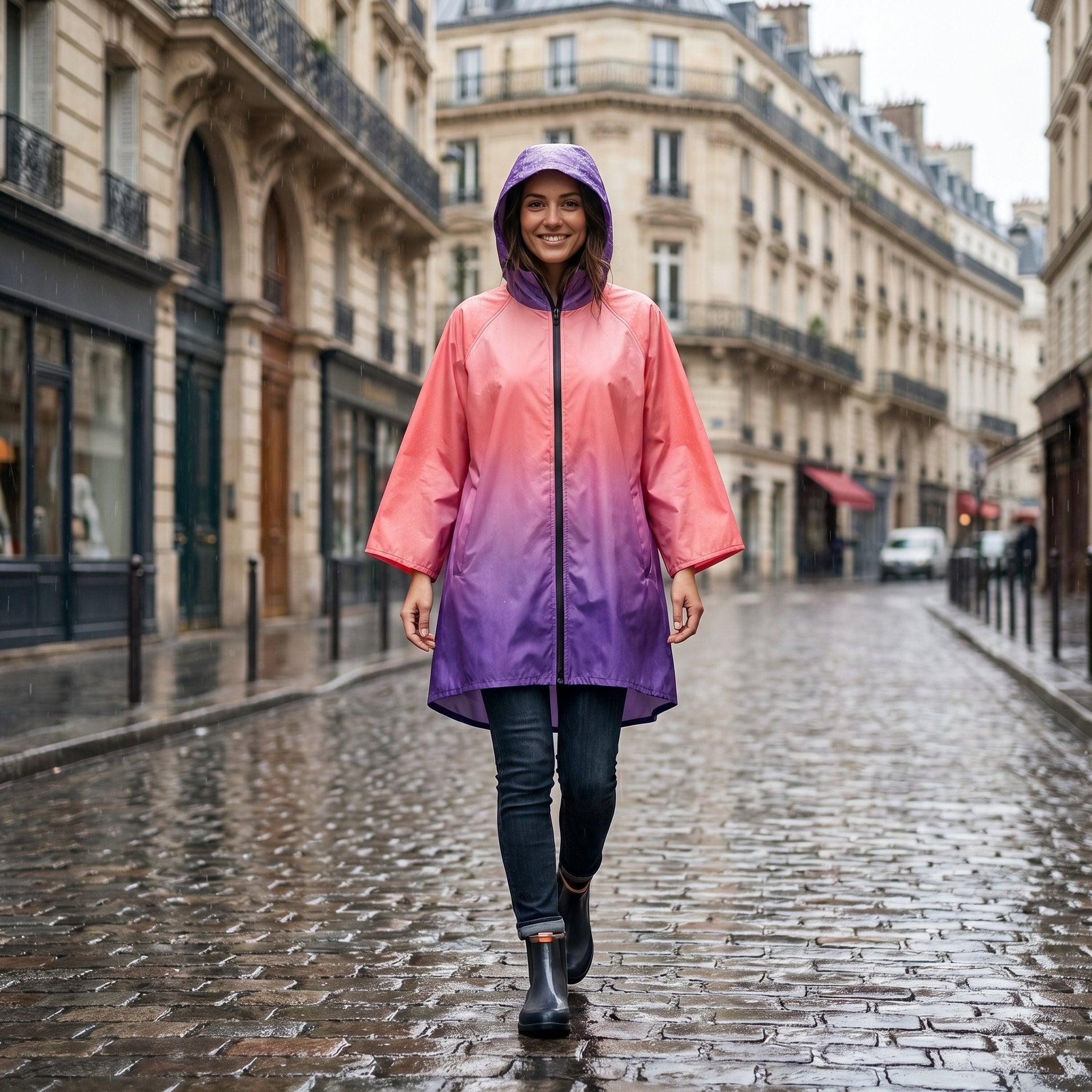 Poncho de pluie à capuche dégradé corail et violet, porté par une femme souriante marchant dans une rue pavée.