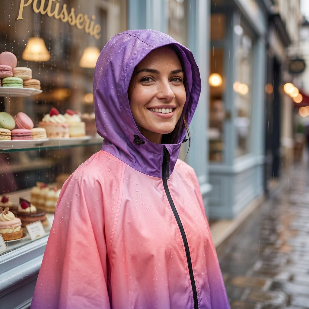 Poncho de pluie à capuche dégradé corail et violet, en gros plan sur une femme souriante devant une pâtisserie.
