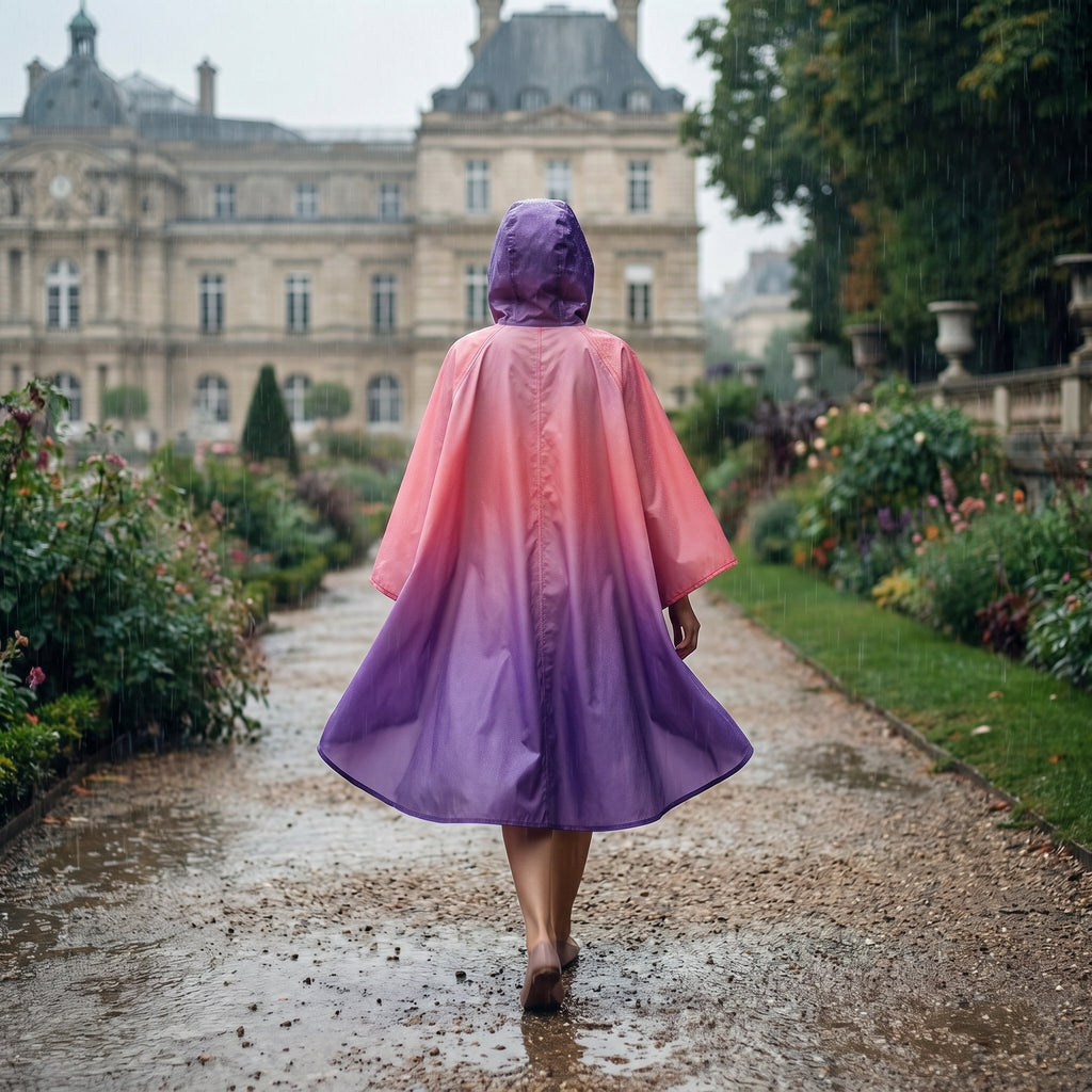 Poncho de pluie à capuche dégradé corail et violet, vue de dos d'une femme marchant dans une allée de jardin sous la pluie.