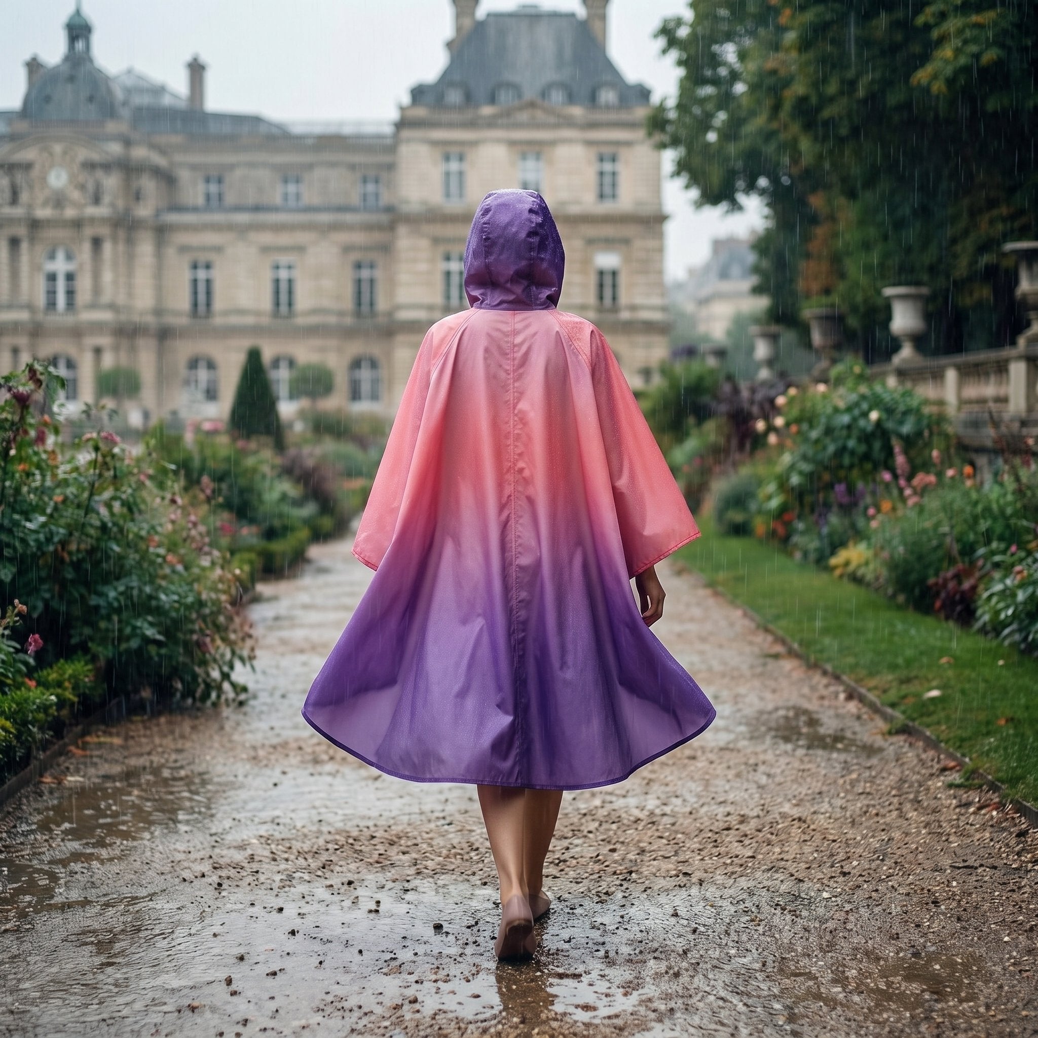 Poncho de pluie à capuche dégradé corail et violet, vue de dos d'une femme marchant dans une allée de jardin sous la pluie.