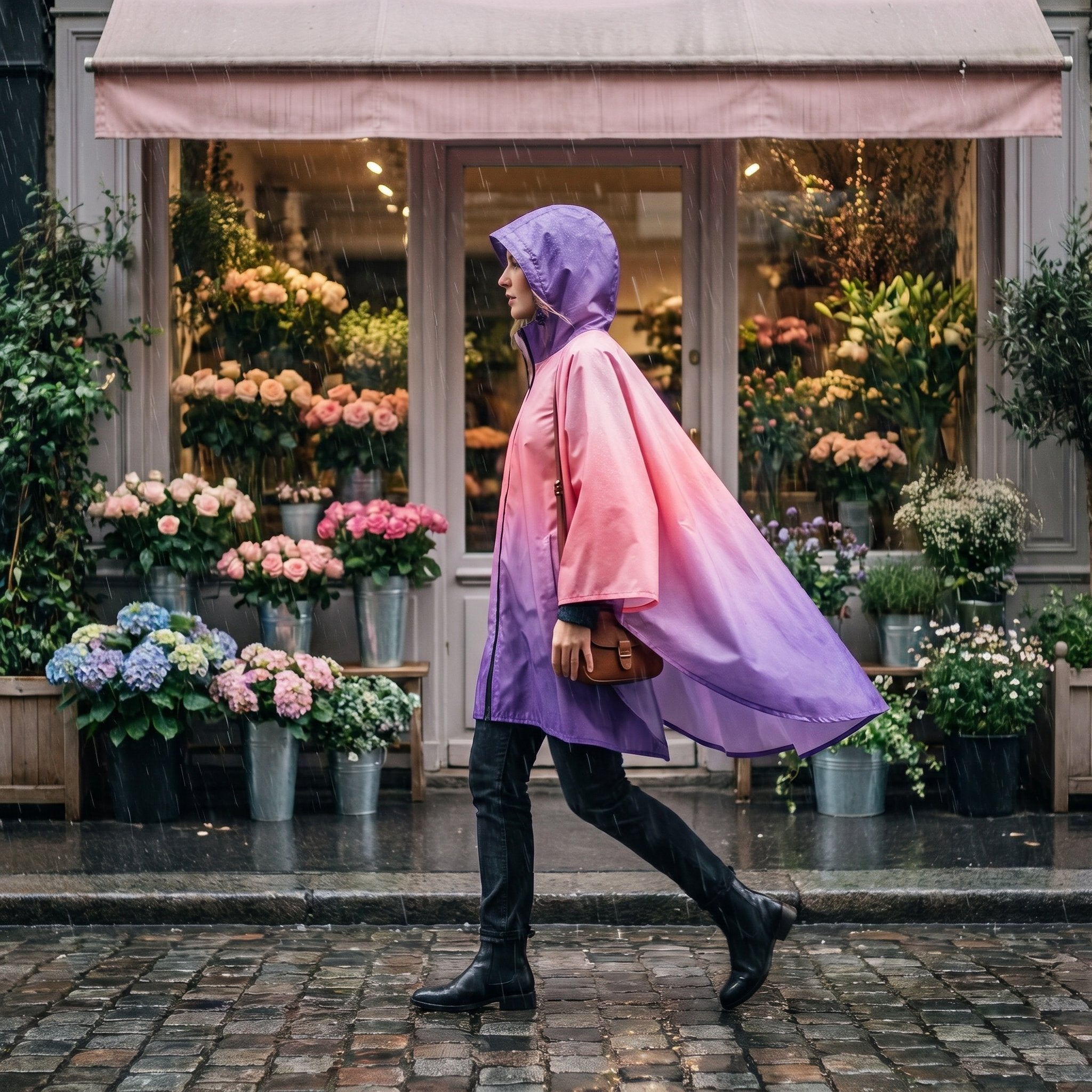 Poncho de pluie à capuche dégradé corail et violet, porté de profil par une femme marchant devant une boutique de fleurs.