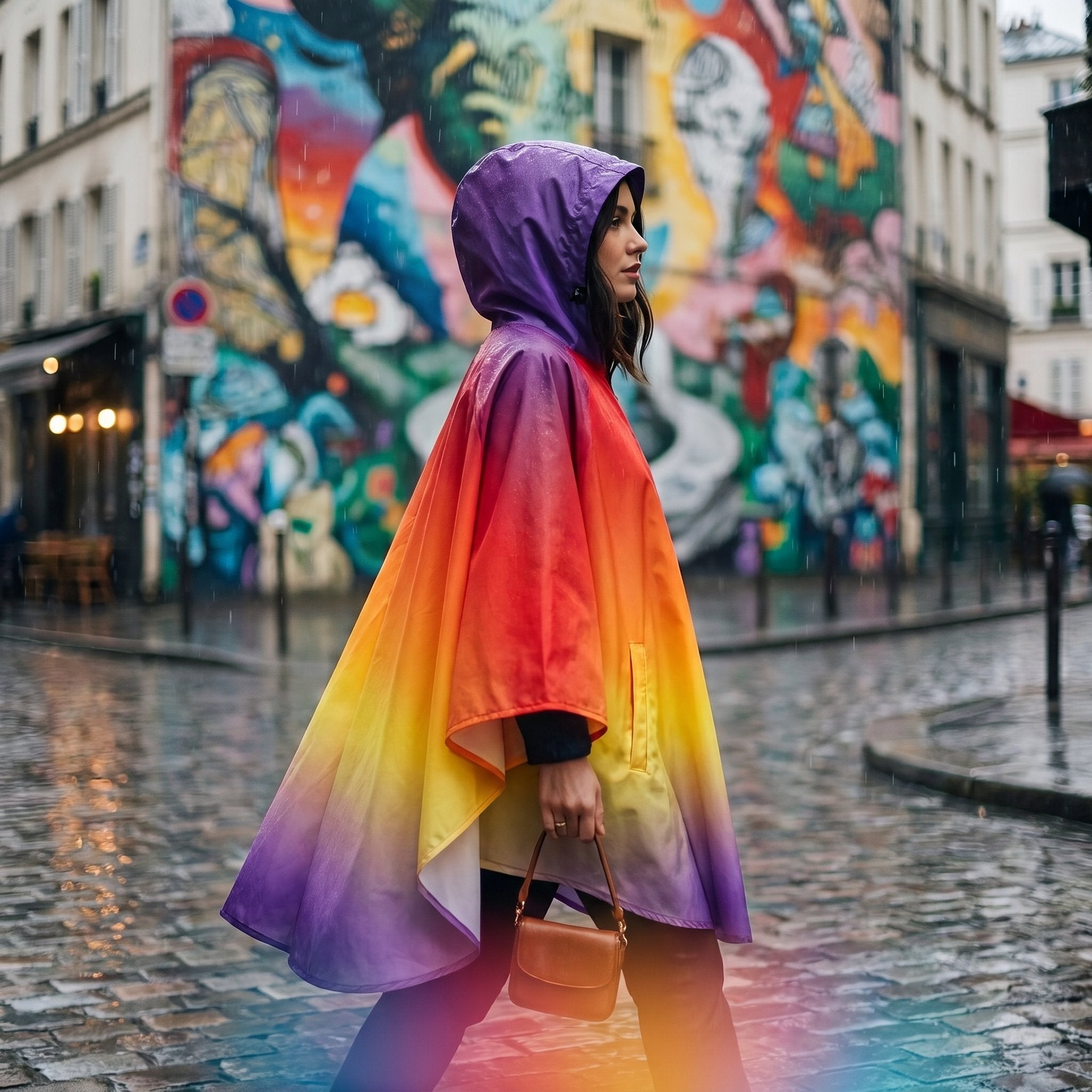 Poncho de pluie à capuche dégradé feu, porté par une femme marchant de profil dans une rue colorée.