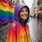 Poncho de pluie à capuche dégradé feu, porté par une femme souriante en gros plan sous la pluie.