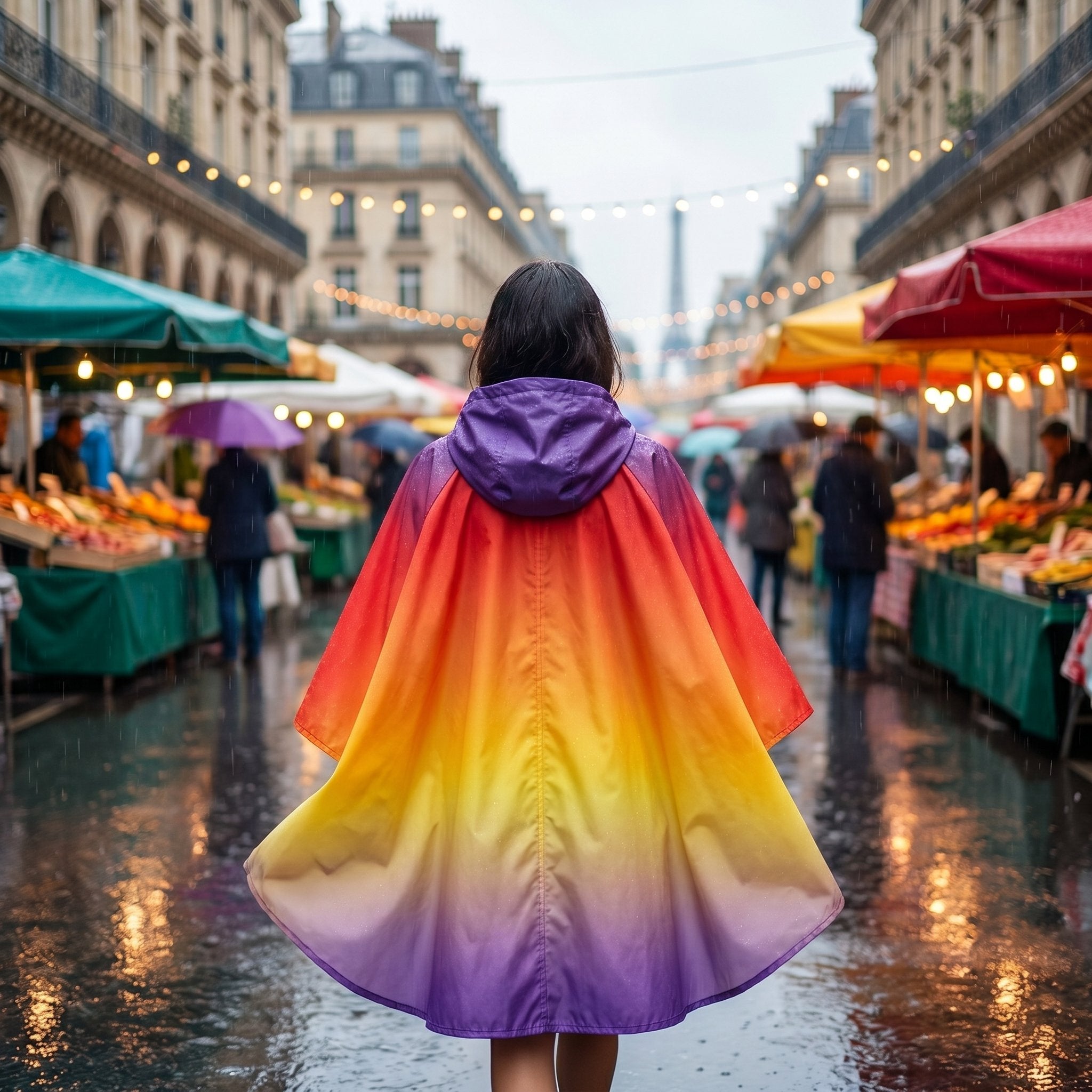 Poncho de pluie à capuche dégradé feu, porté par une femme vue de dos dans une rue de marché animée.