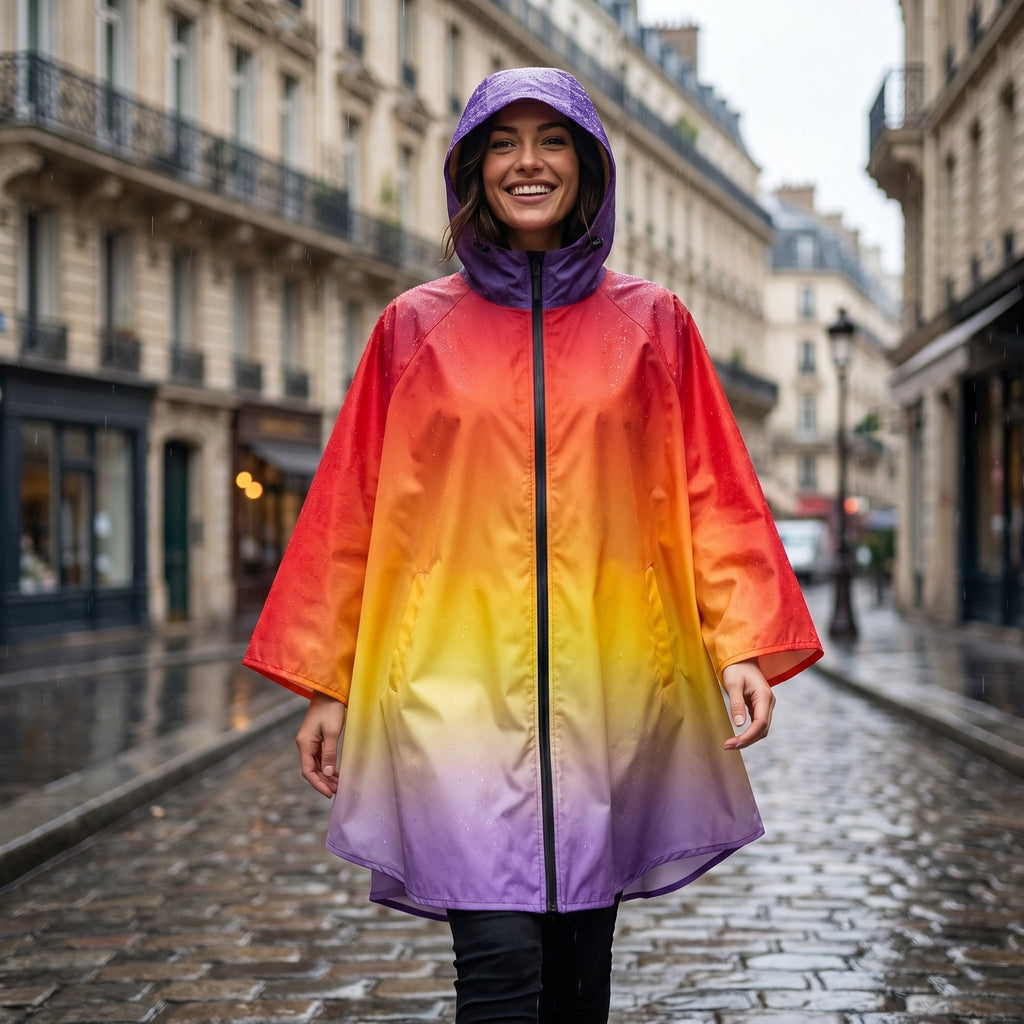 Poncho de pluie à capuche dégradé feu, porté par une femme marchant de face dans une rue pavée.