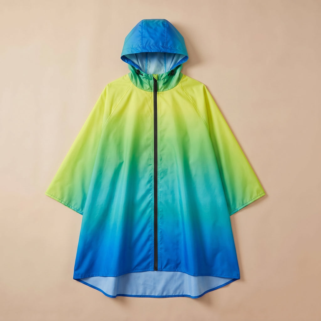 Poncho de pluie à capuche dégradé lagon, posé à plat sur un fond uni beige clair.