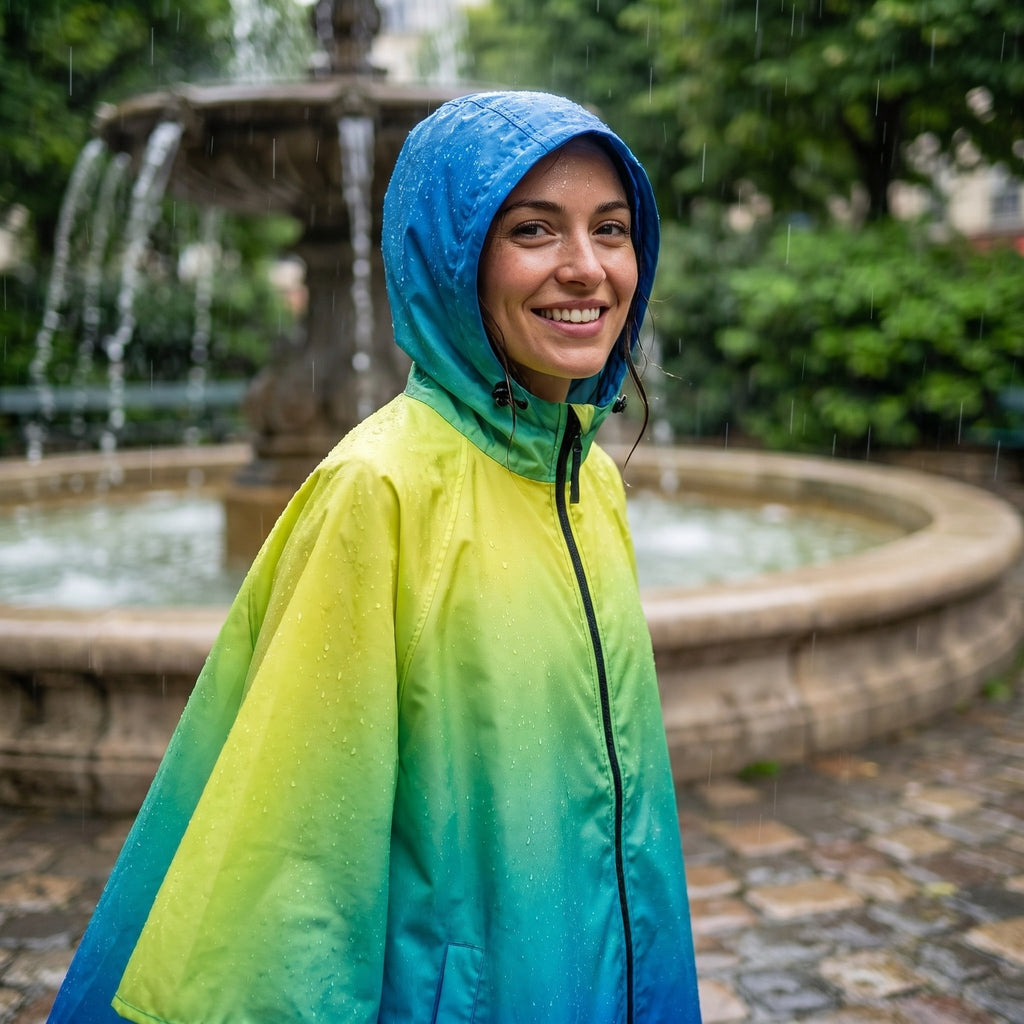 Poncho de pluie à capuche dégradé lagon, porté par une femme souriante sous la pluie, près d'une fontaine.