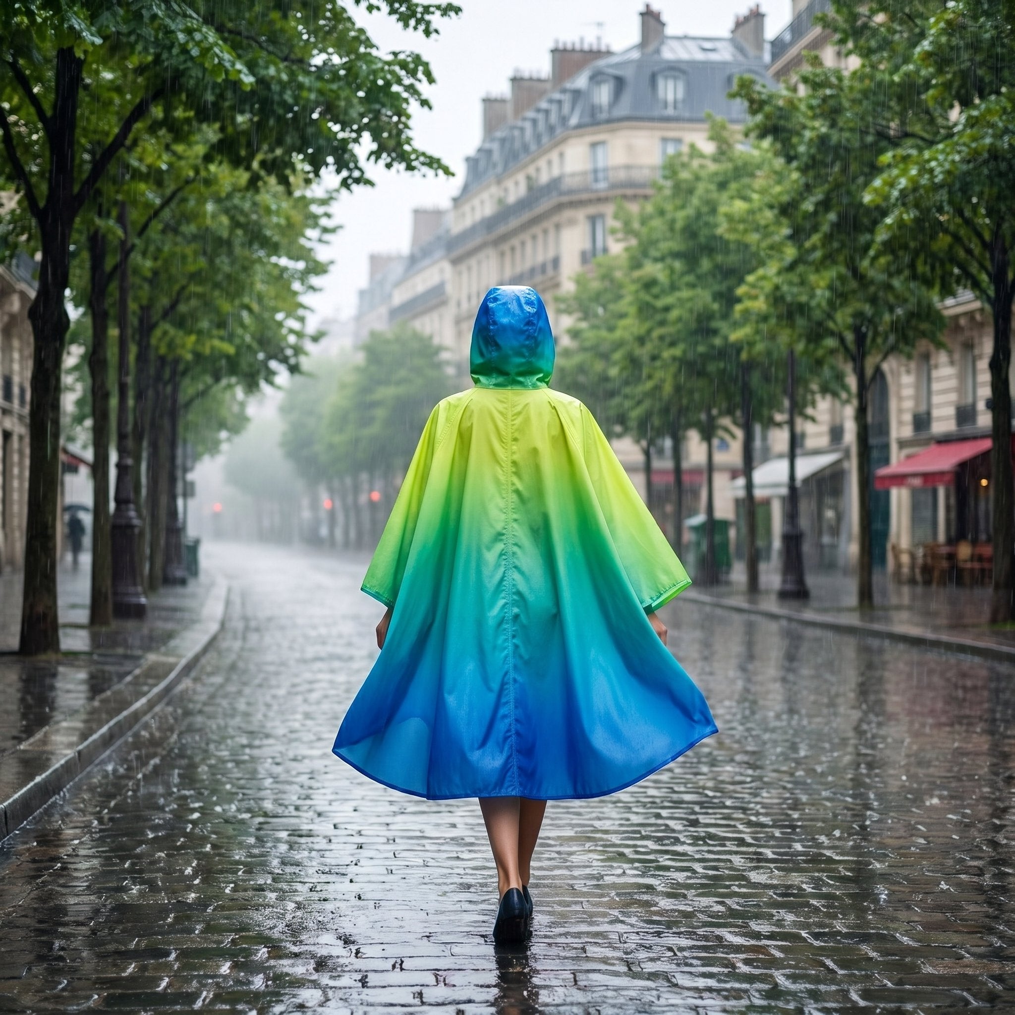 Poncho de pluie à capuche dégradé lagon, porté de dos par une personne marchant sur une rue pavée mouillée.