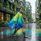 Poncho de pluie à capuche dégradé lagon, porté par une femme marchant de profil avec un parapluie sur une rue urbaine.