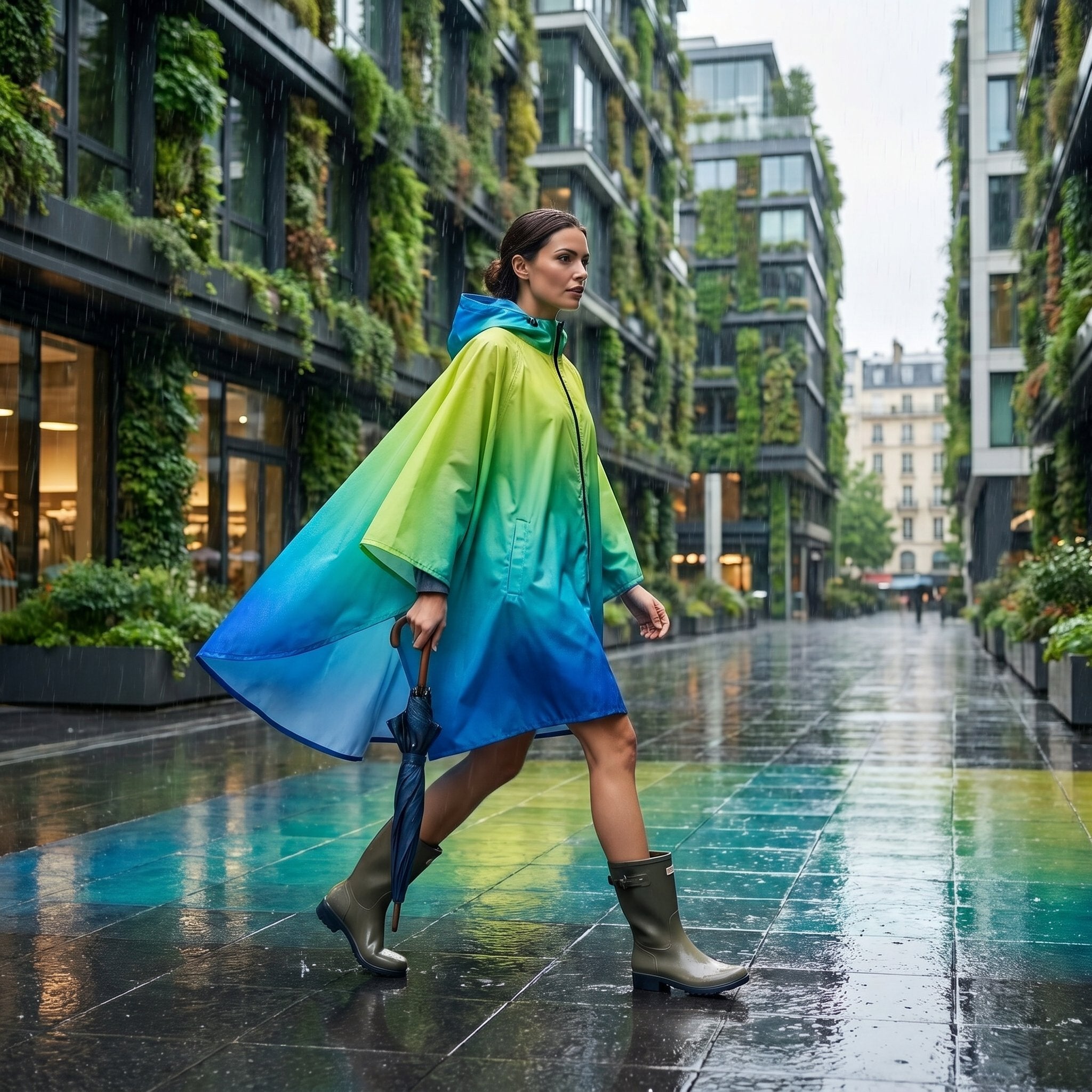 Poncho de pluie à capuche dégradé lagon, porté par une femme marchant de profil avec un parapluie sur une rue urbaine.
