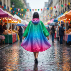 Poncho de pluie à capuche dégradé prisme, porté par une femme vue de dos dans une rue animée et pluvieuse.