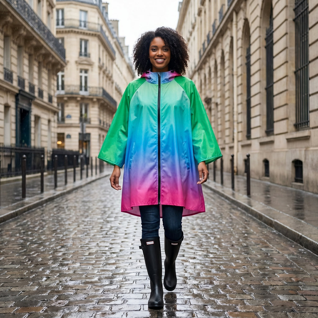 Poncho de pluie à capuche dégradé prisme, porté par une femme souriante marchant de face dans une rue pavée.