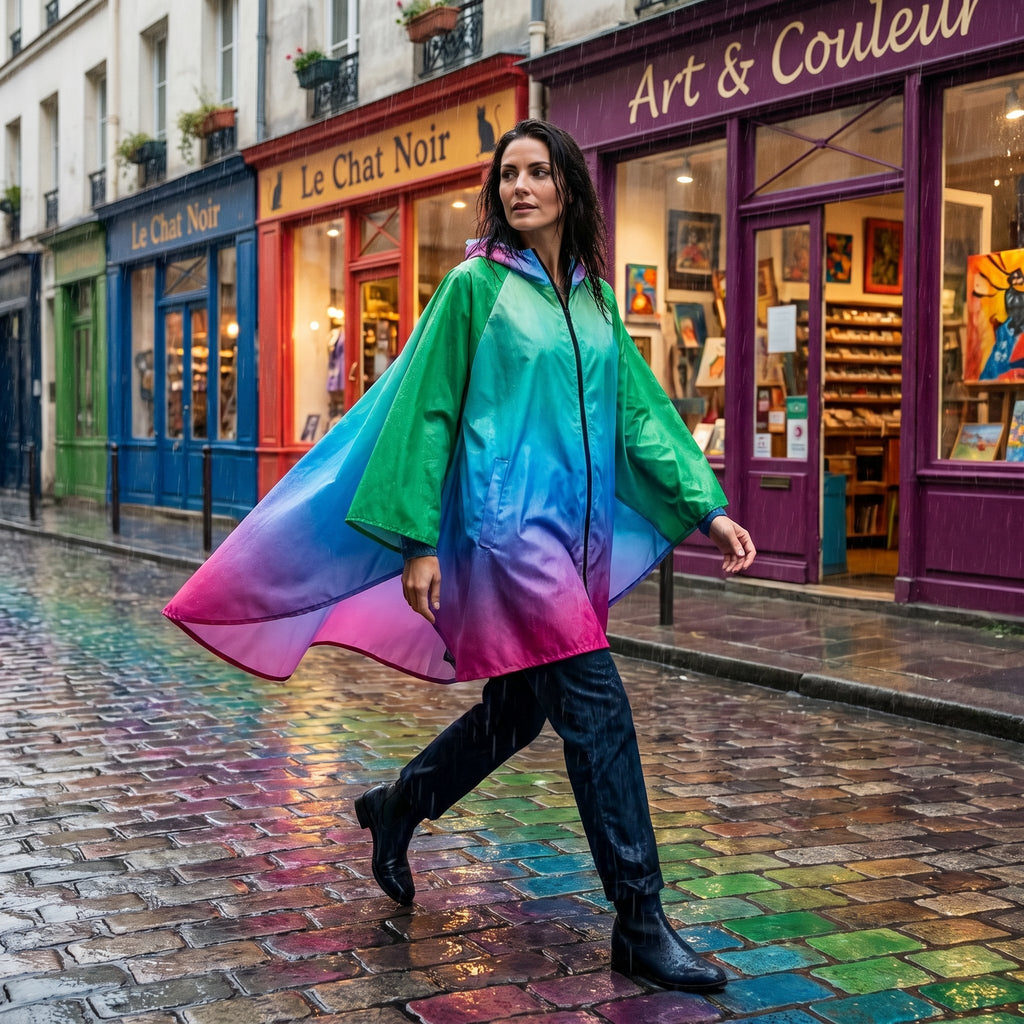 Poncho de pluie à capuche dégradé prisme, porté par une femme marchant de profil devant des boutiques colorées.