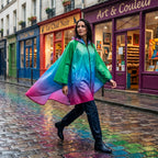 Poncho de pluie à capuche dégradé prisme, porté par une femme marchant de profil devant des boutiques colorées.