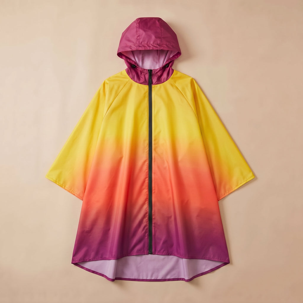 Poncho de pluie à capuche dégradé soleil, présenté à plat sur un fond uni clair.