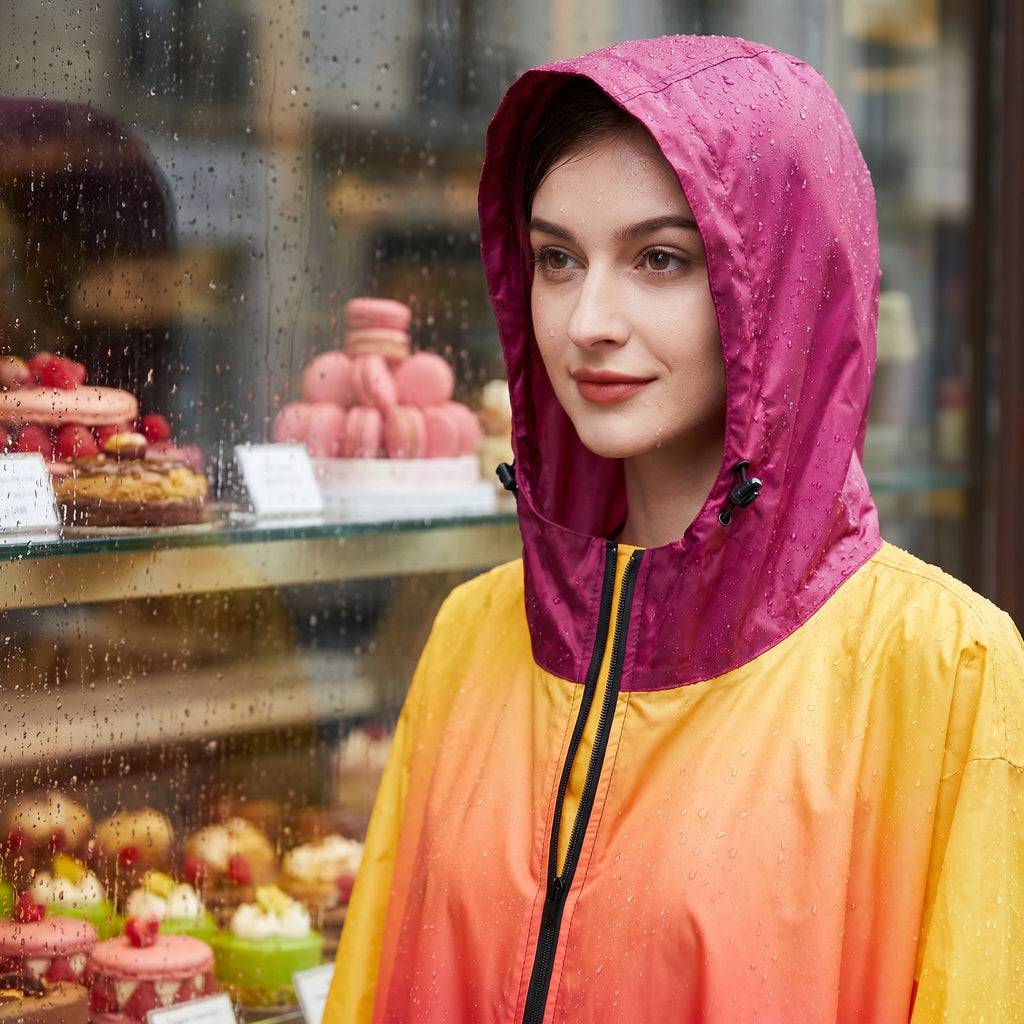 Poncho de pluie à capuche dégradé soleil, porté par une femme devant une vitrine de pâtisseries.