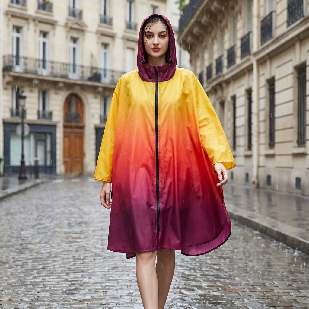 Poncho de pluie à capuche dégradé soleil, porté par une femme marchant sur une rue pavée mouillée.