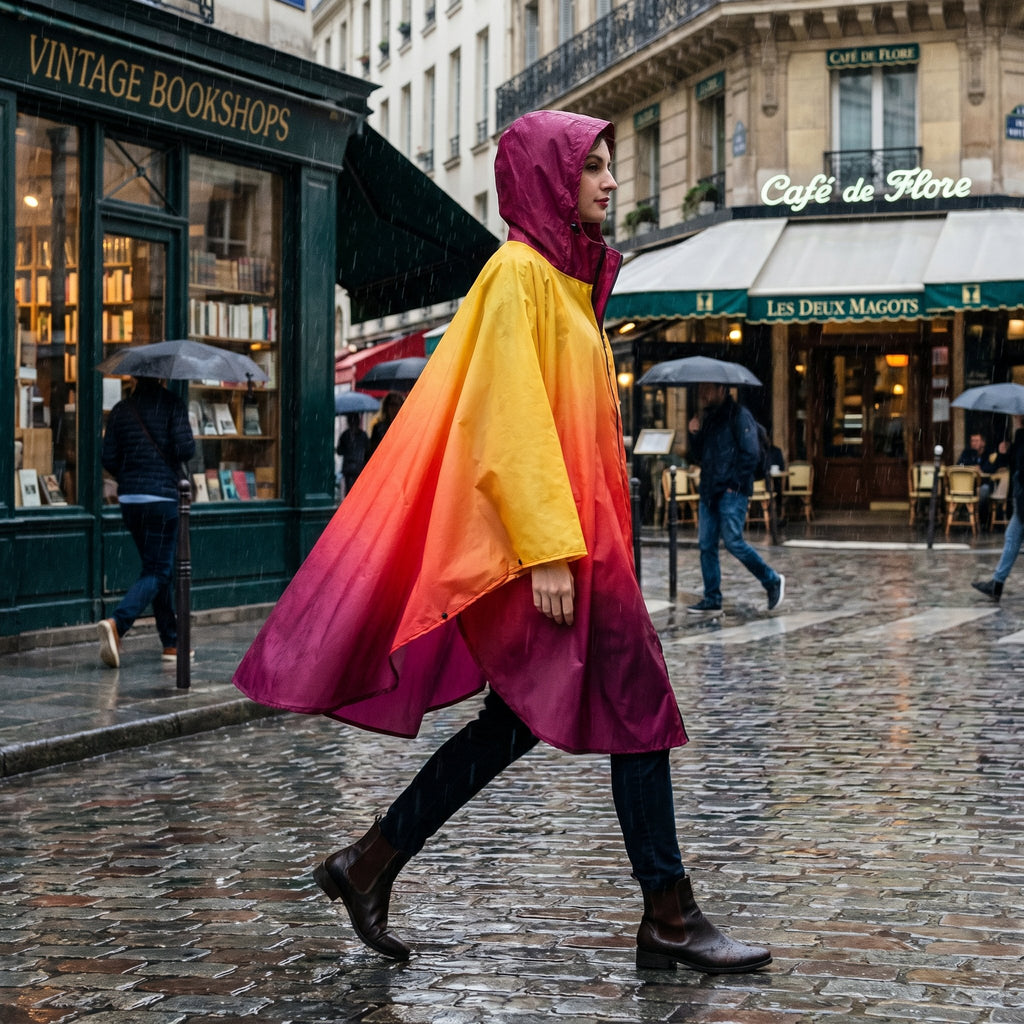 Poncho de pluie à capuche dégradé soleil, porté de profil par une femme traversant une rue animée.