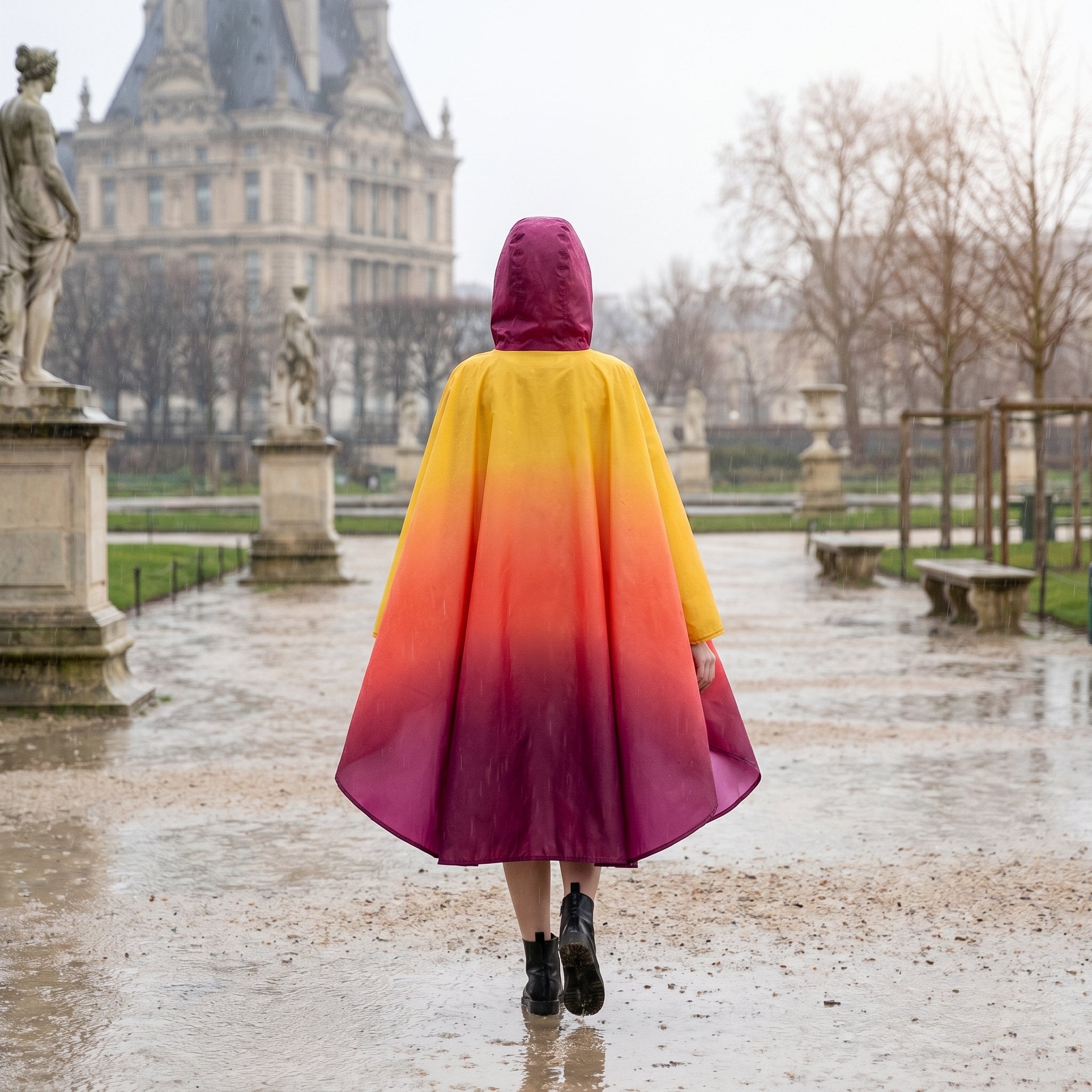 Poncho de pluie à capuche dégradé soleil, vu de dos sur une femme marchant dans un jardin public.