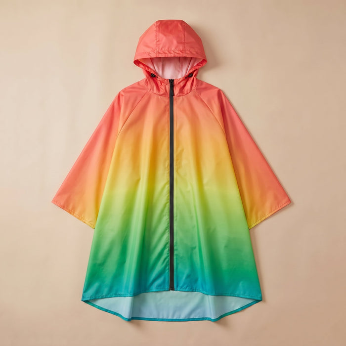 Poncho de pluie à capuche dégradé tropical, présenté de face et à plat sur un fond beige uni.