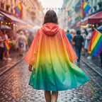 Poncho de pluie à capuche dégradé tropical, porté par une femme vue de dos dans une rue pavée sous la pluie.