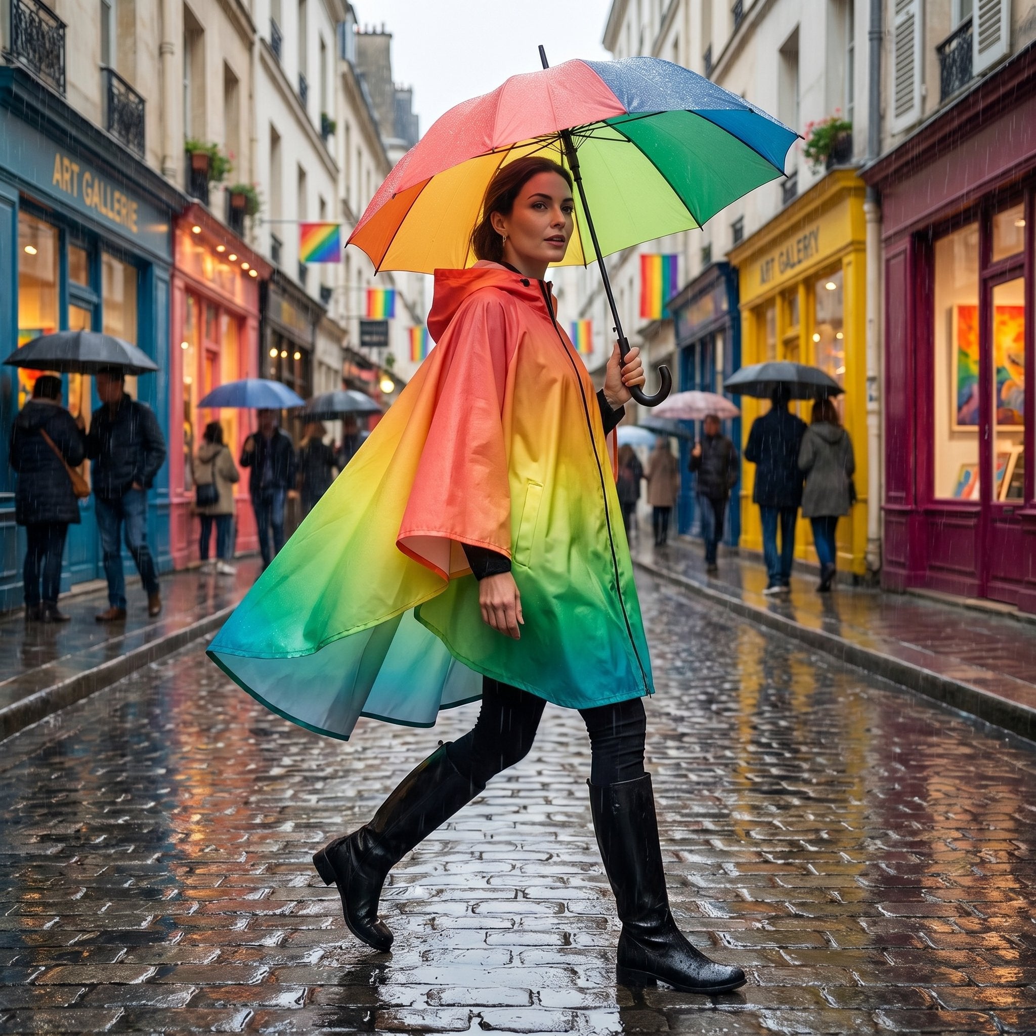 Poncho de pluie à capuche dégradé tropical, porté par une femme marchant de profil avec un parapluie.