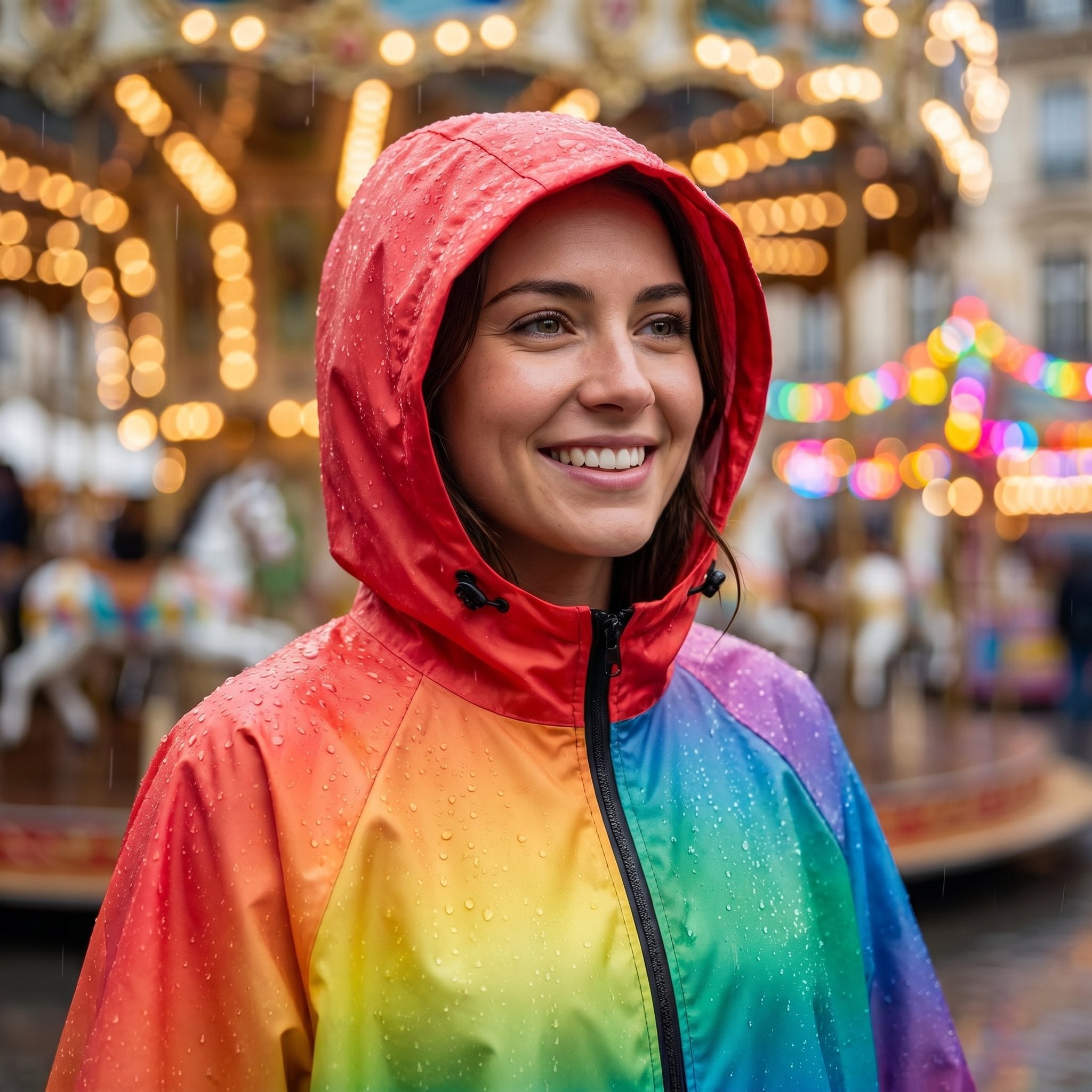 Poncho de pluie à capuche dégradé tropical, porté par une femme souriante en gros plan, avec la capuche.
