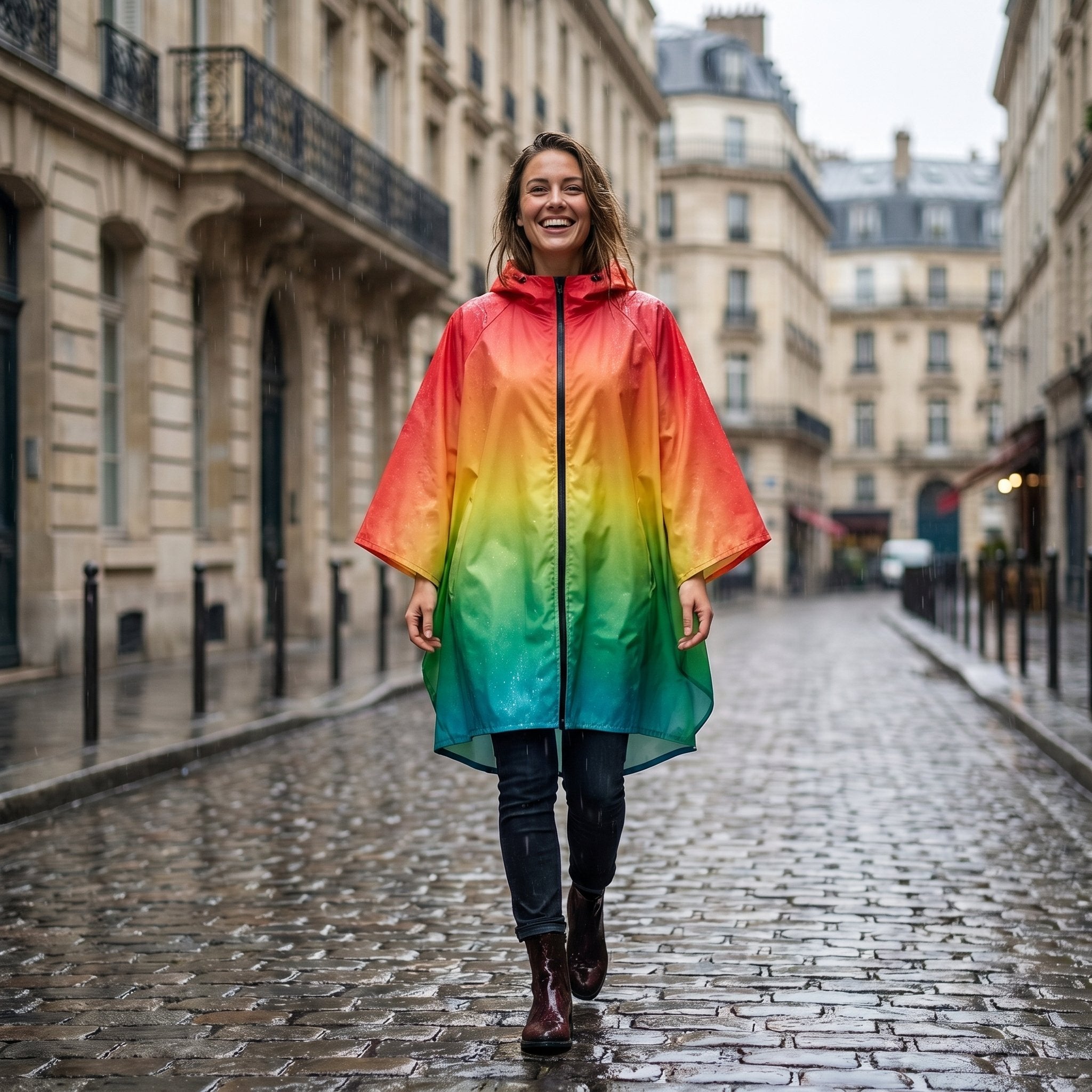 Poncho de pluie à capuche dégradé tropical, porté par une femme souriante marchant de face dans une rue pavée.