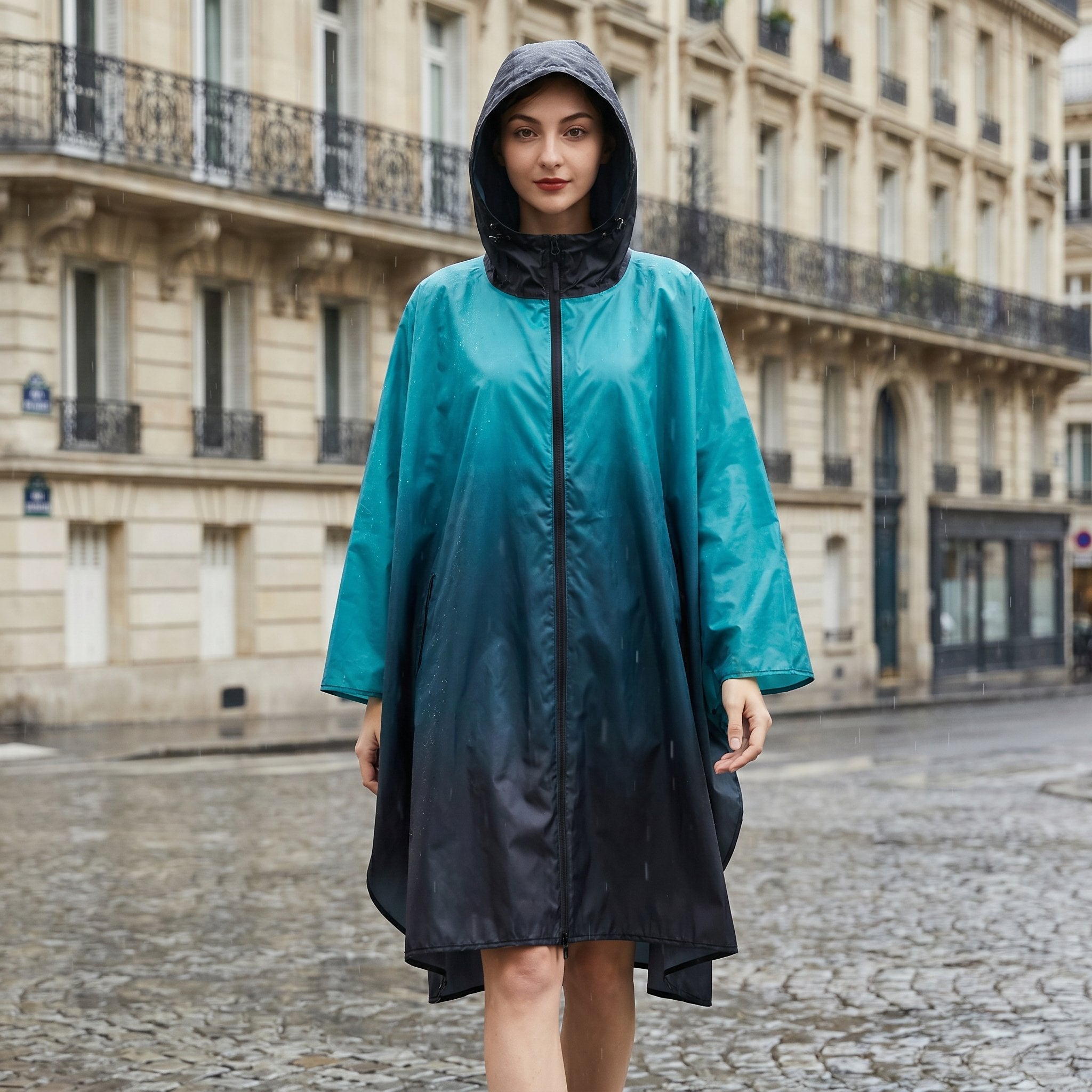 Poncho de pluie à capuche dégradé turquoise et nuit, porté par une femme marchant de face sous la pluie.