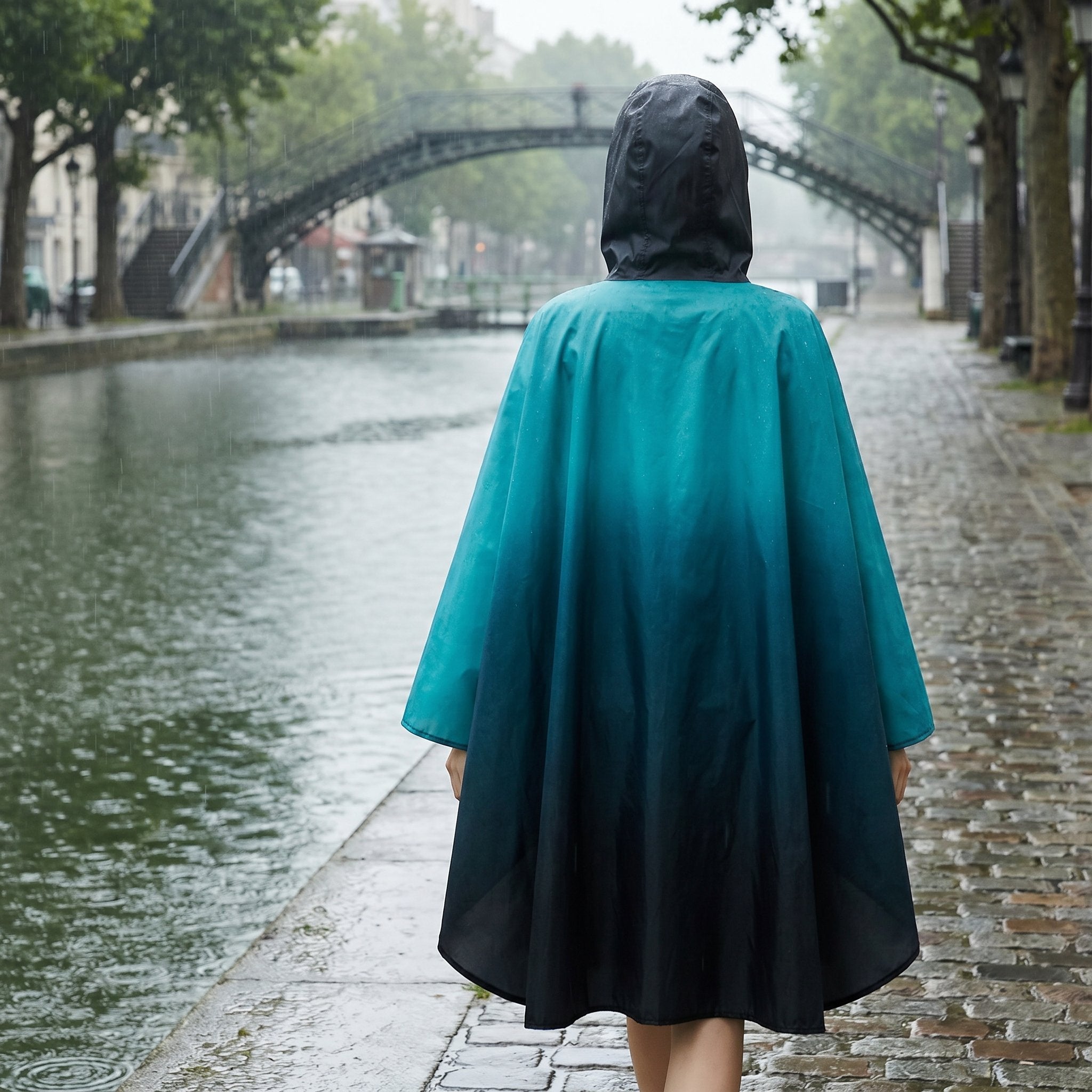 Poncho de pluie à capuche dégradé turquoise et nuit, vu de dos, marchant le long d'un canal pluvieux.