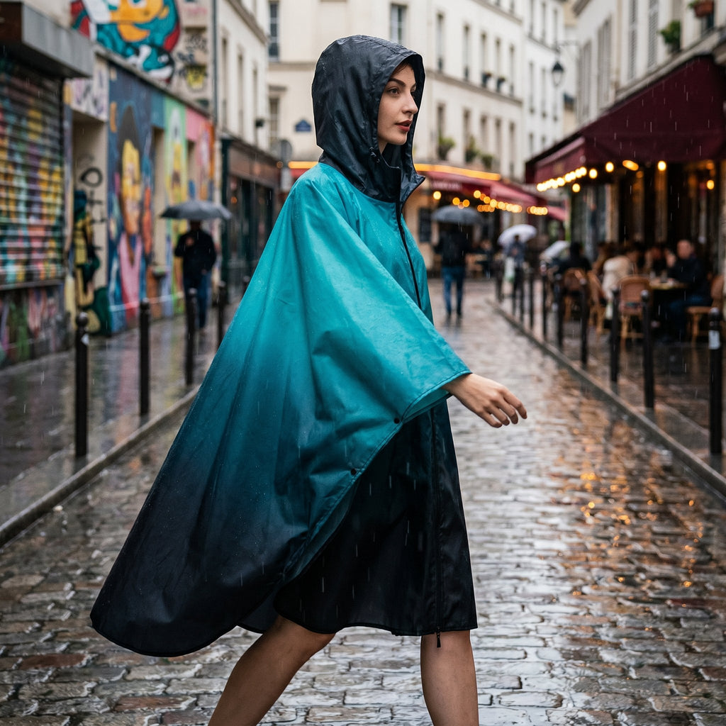 Poncho de pluie à capuche dégradé turquoise et nuit, porté par une femme marchant de profil dans une ruelle.