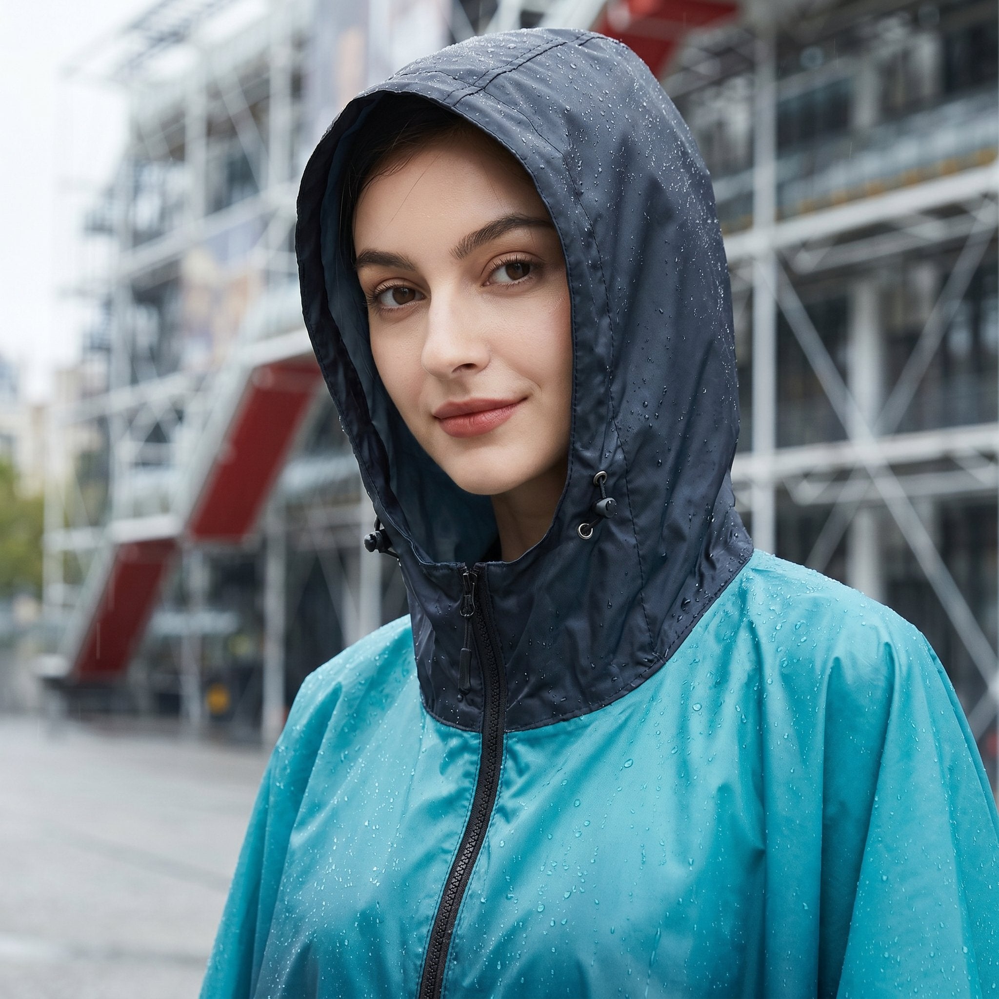 Poncho de pluie à capuche dégradé turquoise et nuit, gros plan sur le visage et la capuche mouillée.