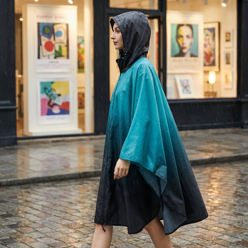 Poncho de pluie à capuche dégradé turquoise et nuit, porté par une femme marchant de côté devant une galerie.