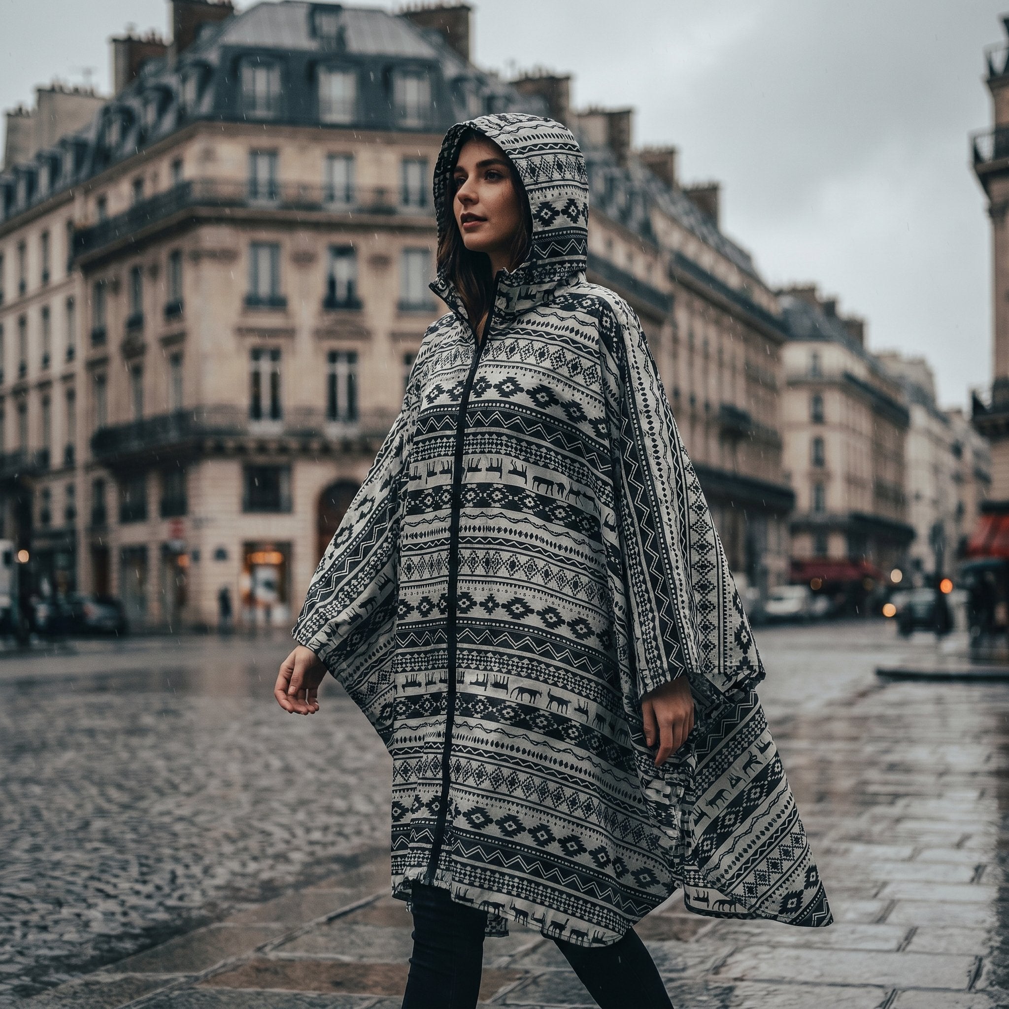 Poncho de pluie à capuche motif ethnique noir et blanc, porté par une femme marchant dans une rue pavée.