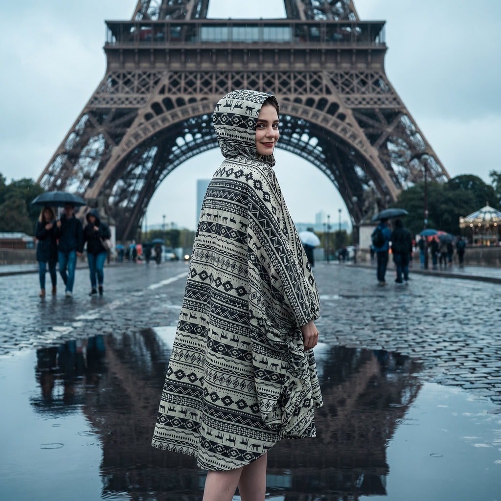 Poncho de pluie à capuche motif ethnique noir et blanc, porté de dos par une femme devant un monument.