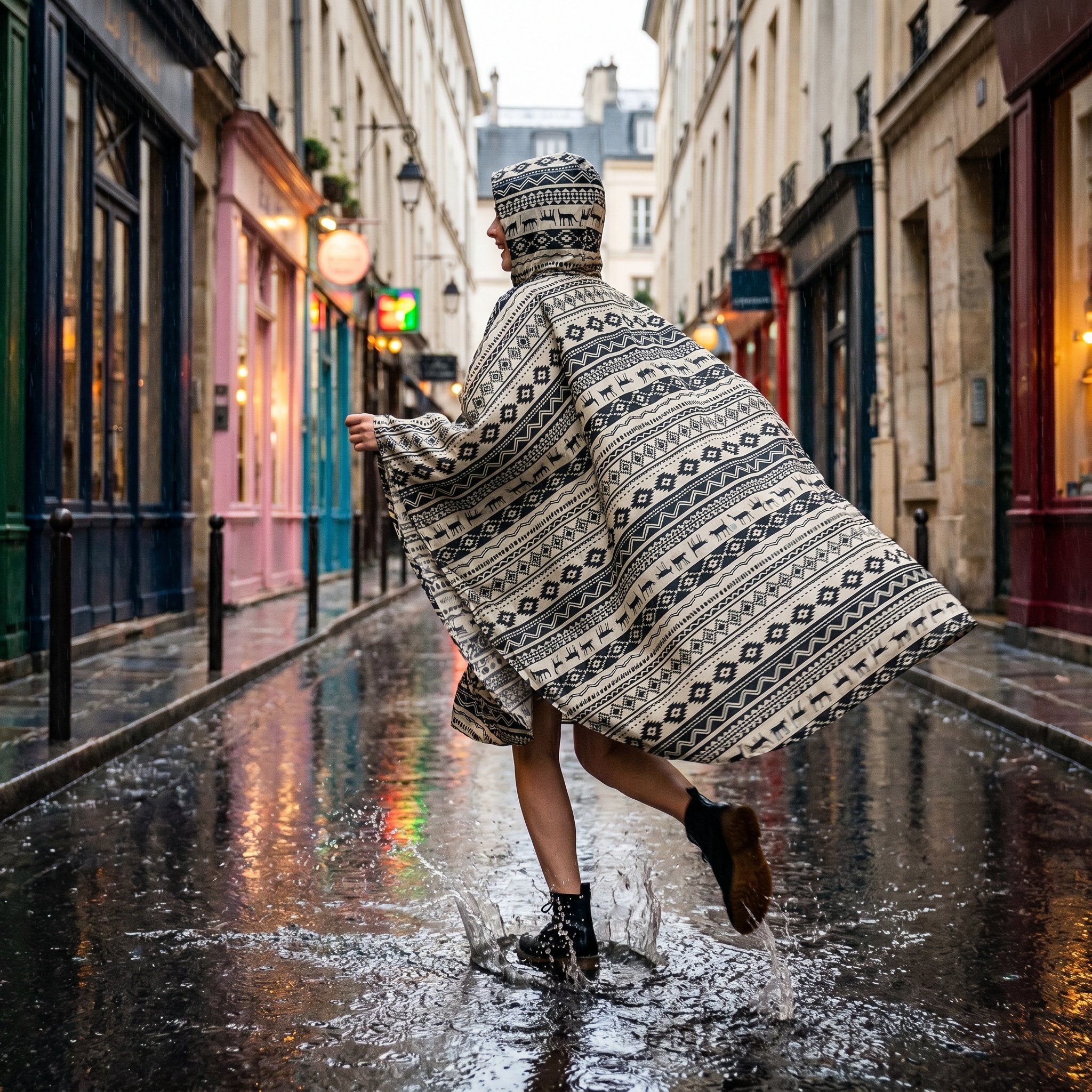 Poncho de pluie à capuche motif ethnique noir et blanc, porté de dos par une femme courant dans une ruelle.