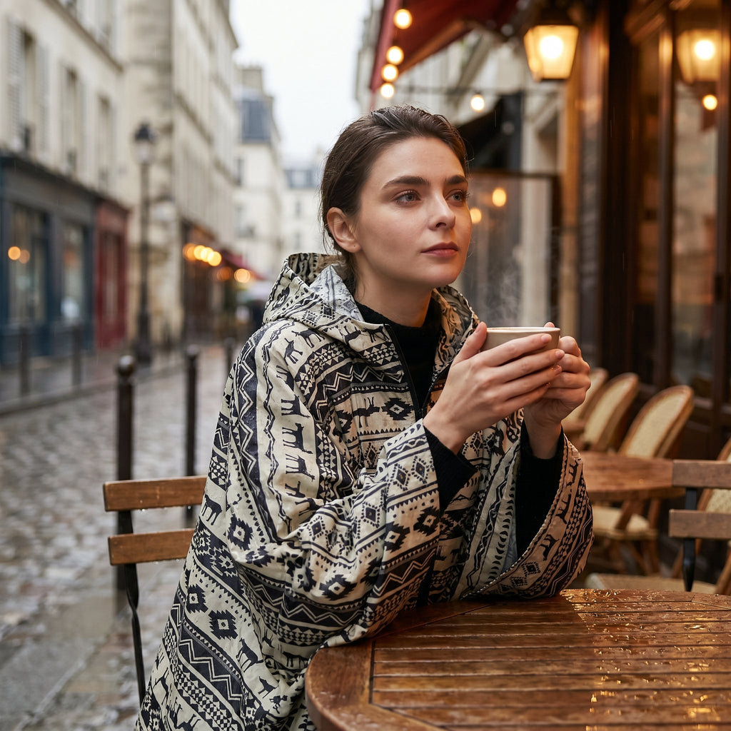 Poncho de pluie à capuche motif ethnique noir et blanc, porté par une femme assise à une table de café.