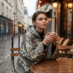 Poncho de pluie à capuche motif ethnique noir et blanc, porté par une femme assise à une table de café.