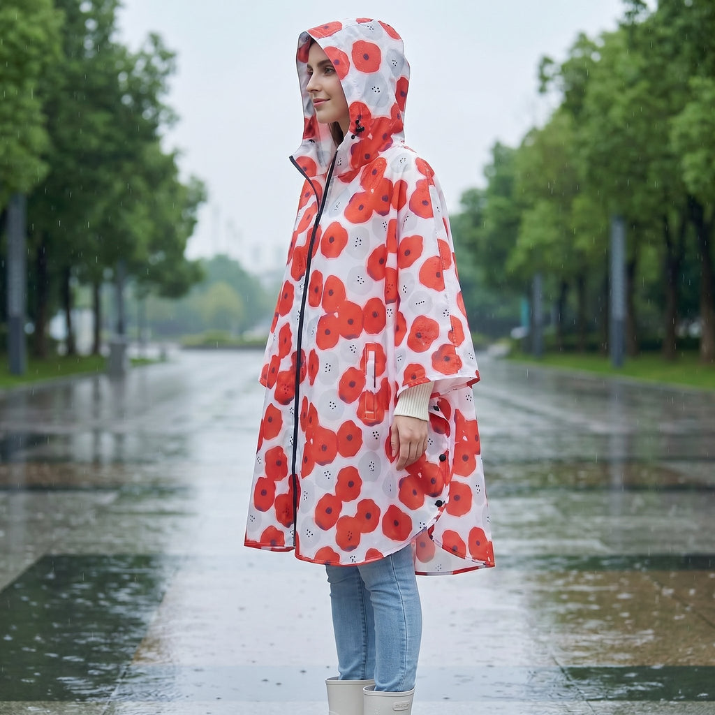 Poncho de pluie à capuche femme à fleurs porté de profil par une femme, montrant la capuche et le motif floral rouge et blanc