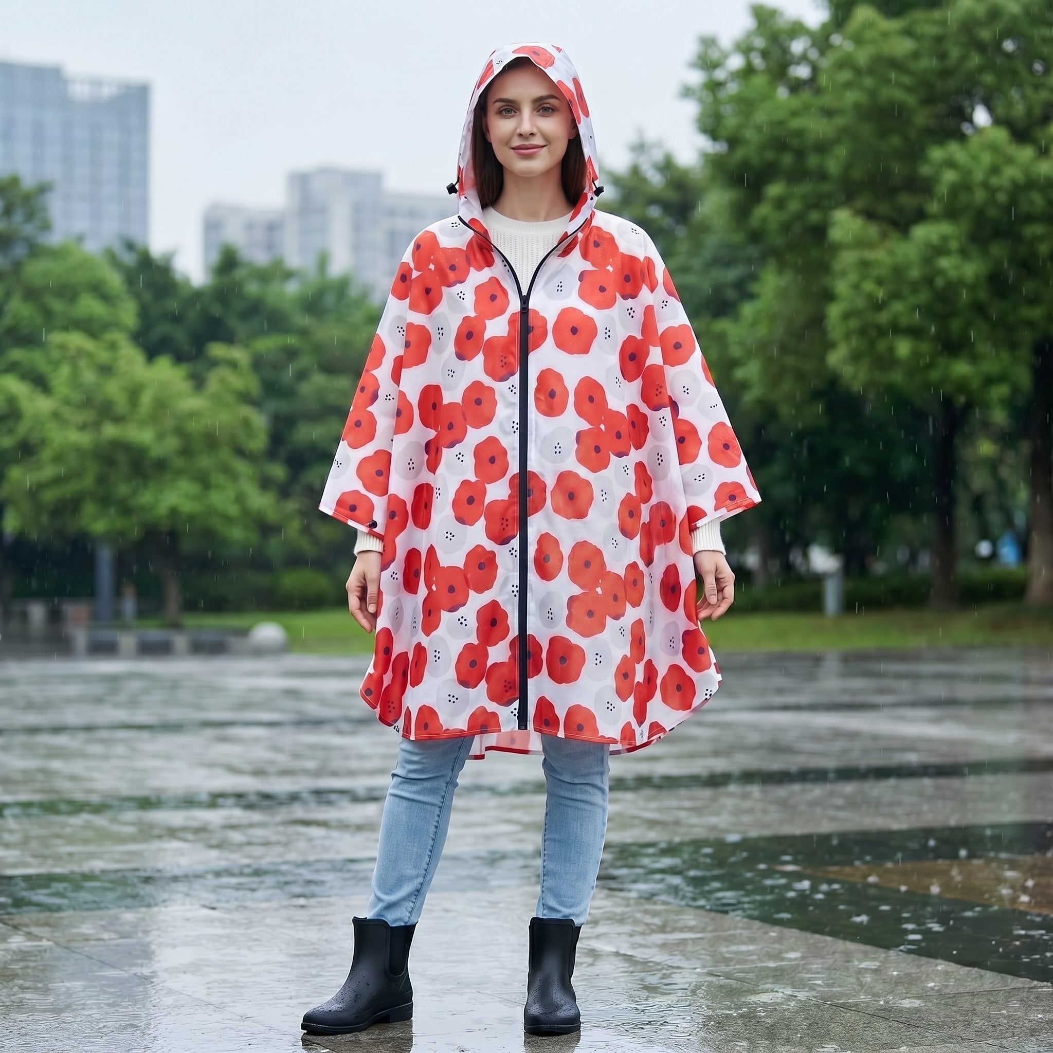 Poncho de pluie à capuche femme à fleurs porté de face par une femme souriante