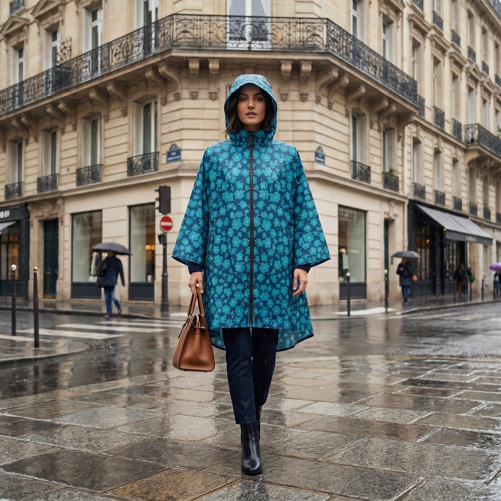 Poncho de pluie à capuche motif fleurs turquoise, une femme marche de face sur un trottoir mouillé.