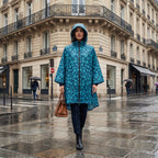 Poncho de pluie à capuche motif fleurs turquoise, une femme marche de face sur un trottoir mouillé.