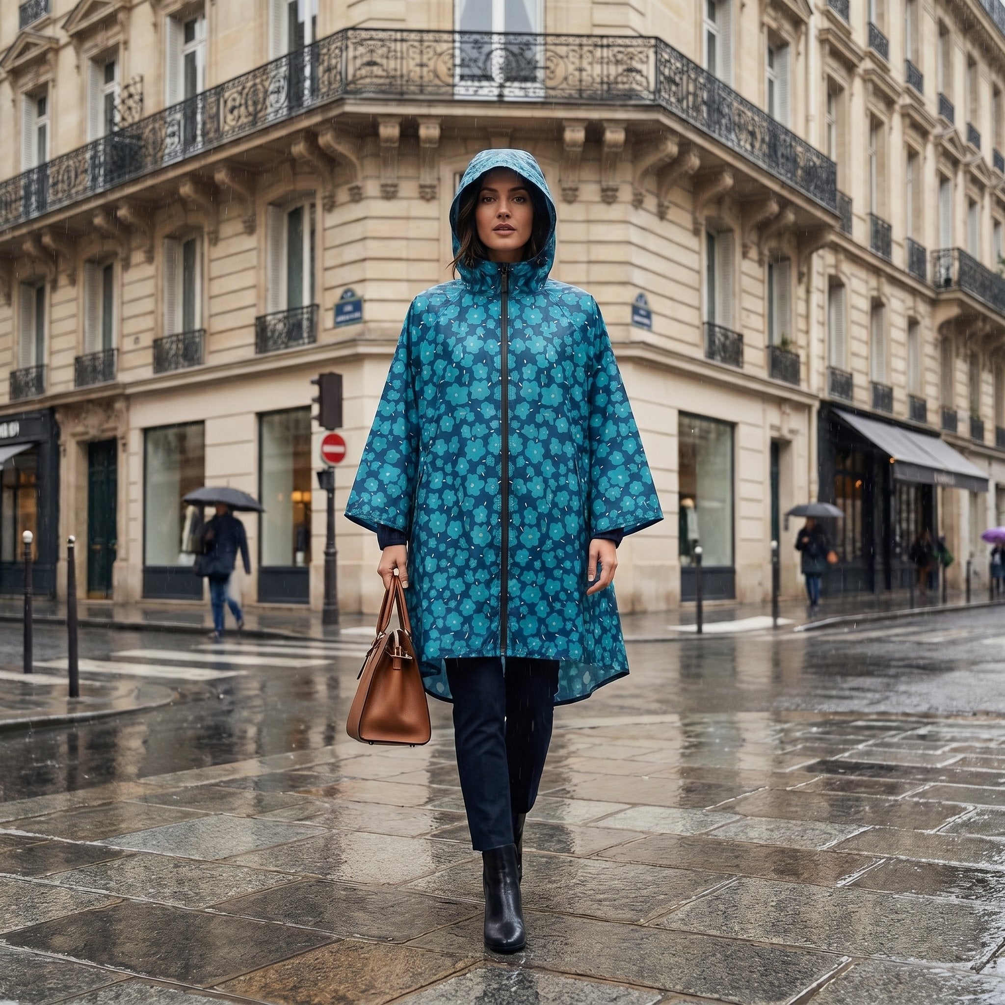 Poncho de pluie à capuche motif fleurs turquoise, une femme marche de face sur un trottoir mouillé.
