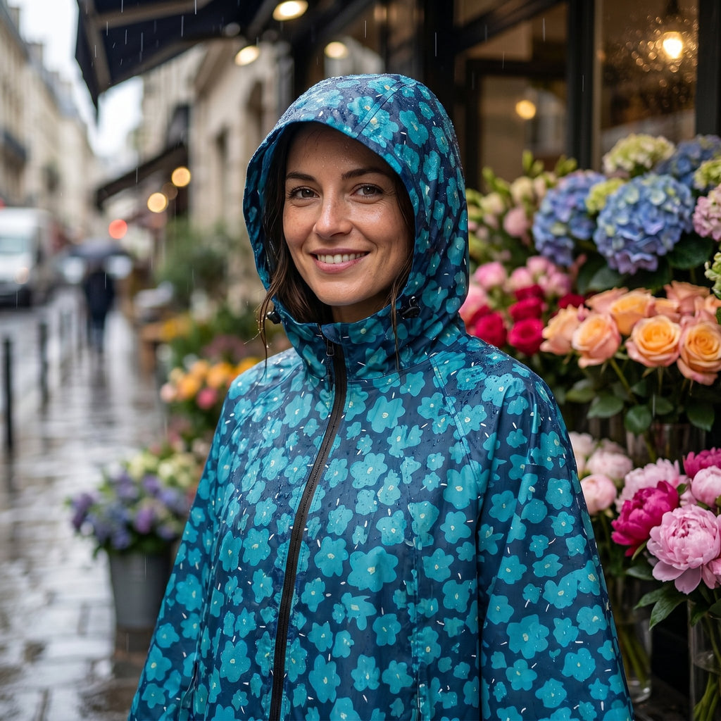 Poncho de pluie à capuche motif fleurs turquoise, gros plan sur le visage souriant d'une femme.