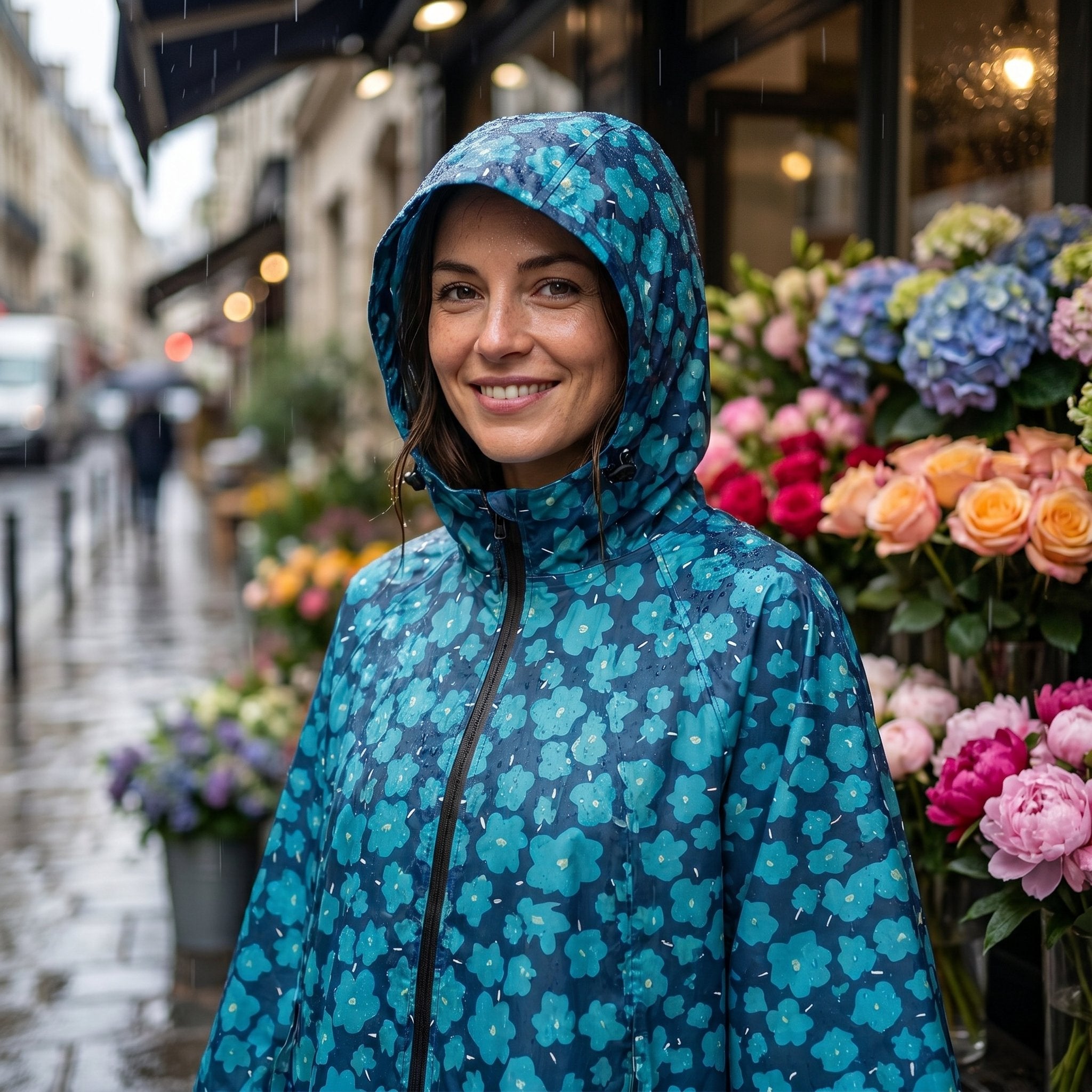 Poncho de pluie à capuche motif fleurs turquoise, gros plan sur le visage souriant d'une femme.