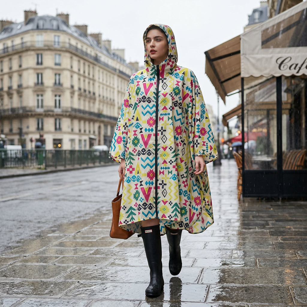 Poncho de pluie à capuche motifs multicolores, porté par une femme marchant sur un trottoir mouillé en ville.