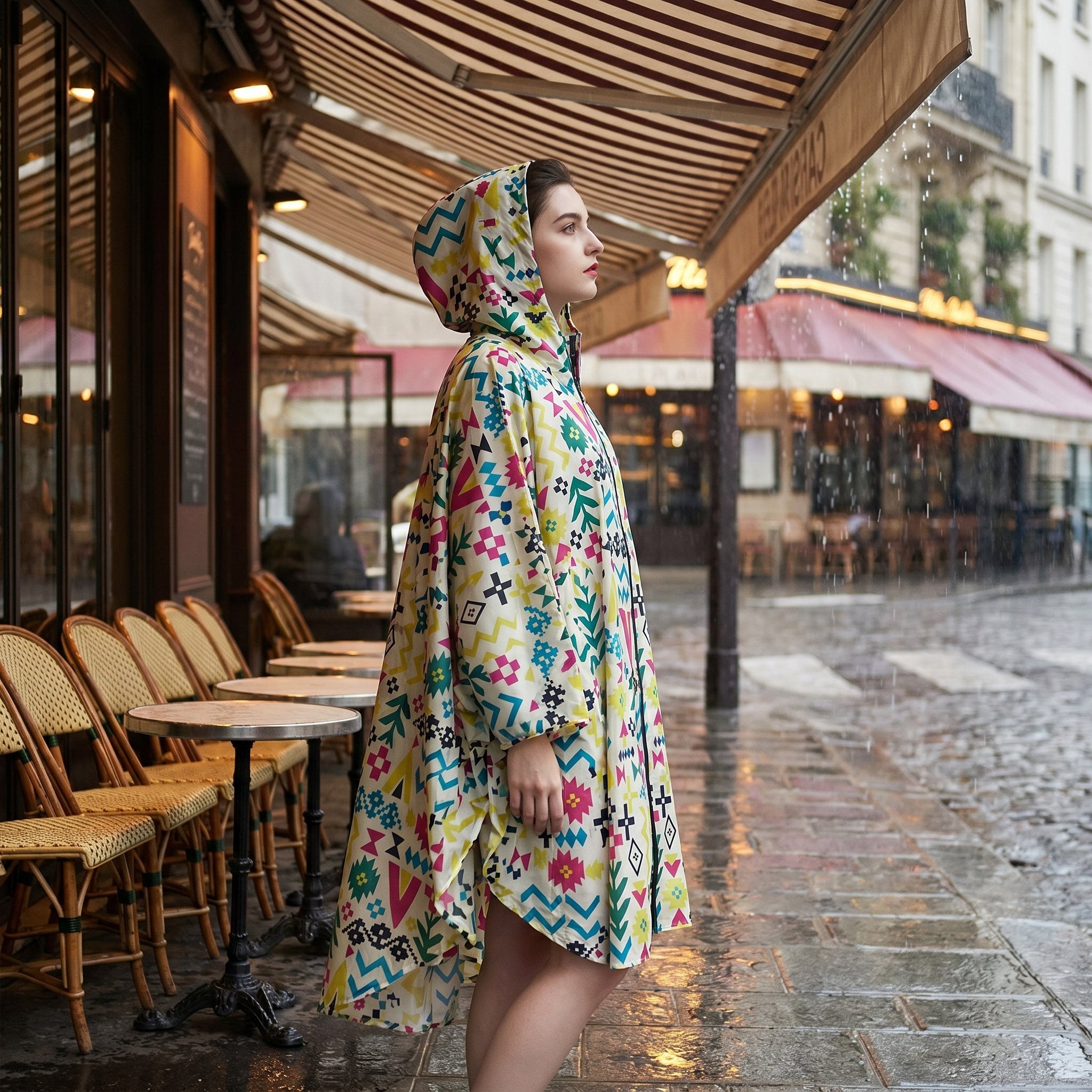 Poncho de pluie à capuche motifs multicolores, porté de profil par une femme sous un auvent de café, sous la pluie.