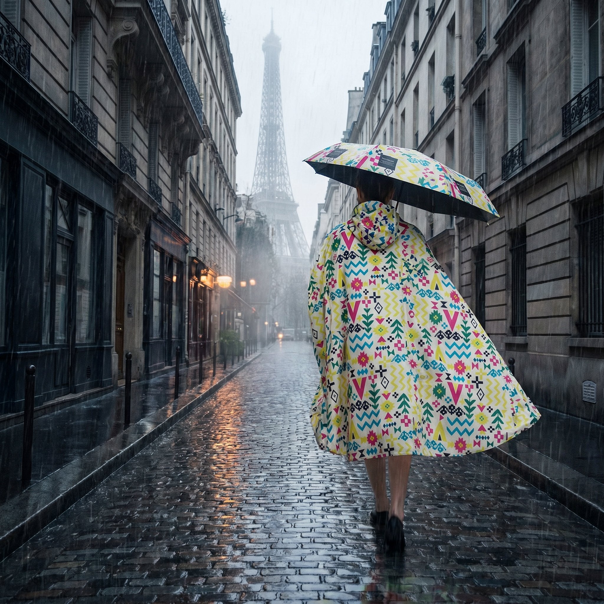 Poncho de pluie à capuche motifs multicolores, porté de dos par une femme marchant dans une rue pavée sous la pluie.